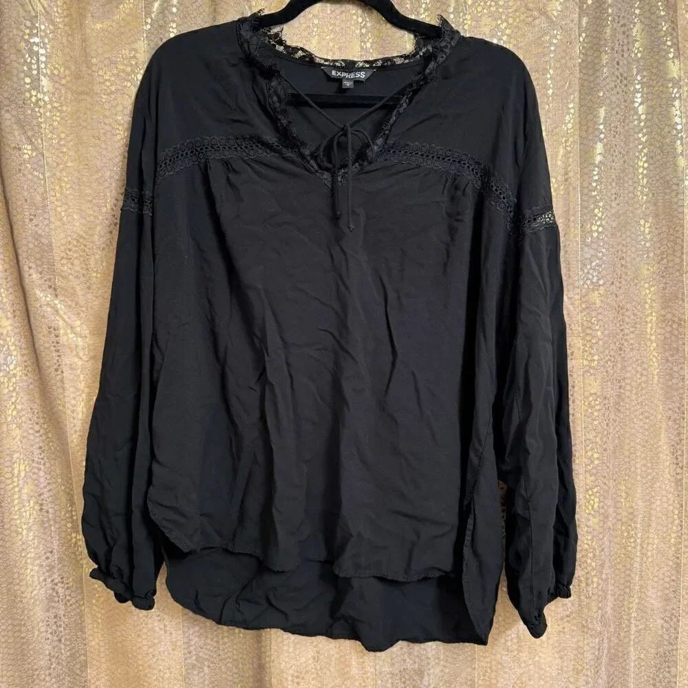 Express Black Tunic Peasant Style Long Sleeve Blouse Large